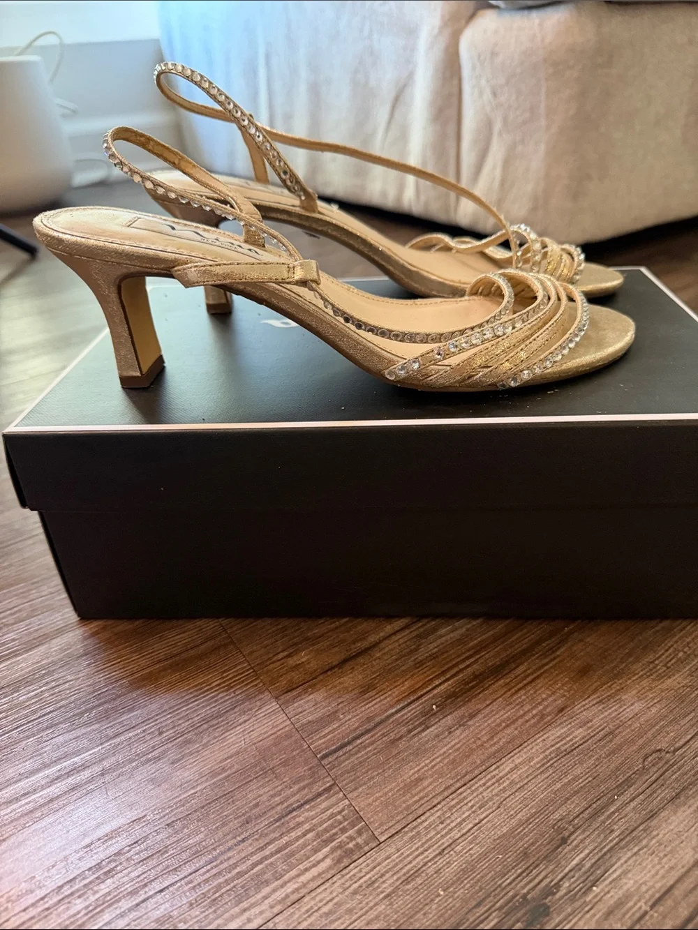 Nina Gold Rhinestone Strappy Slingback Heels